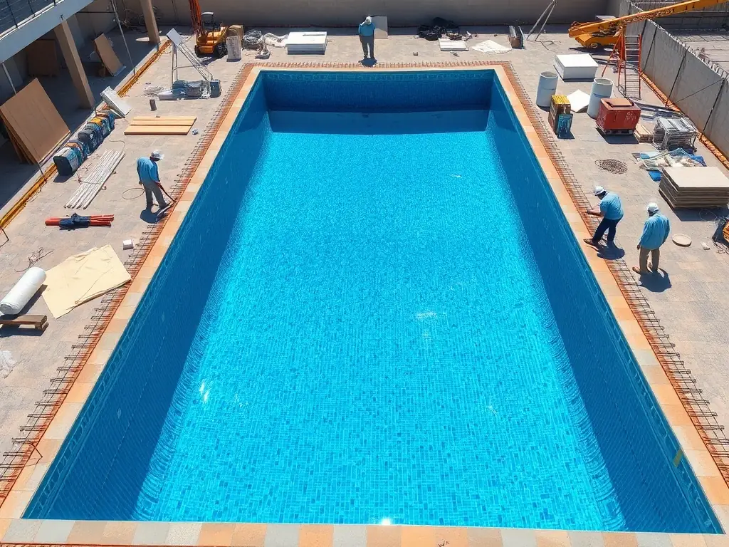 A photograph of a modern swimming pool under construction with workers finishing the tiling, illustrating HidroBrix's capabilities in water wells and pools.