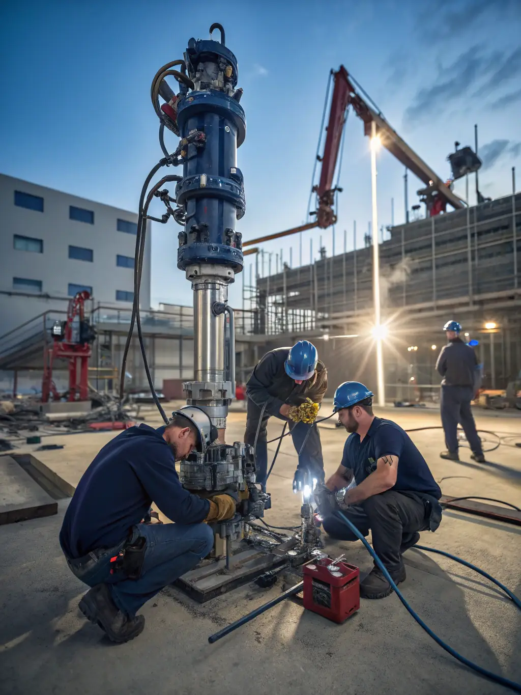 A construction site with HidroBrix technicians installing a large industrial water pump, showcasing their expertise in equipment installation.