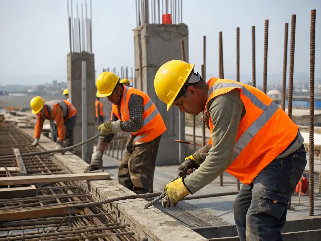A construction site with workers laying the foundation for a new commercial building, showcasing general construction services.