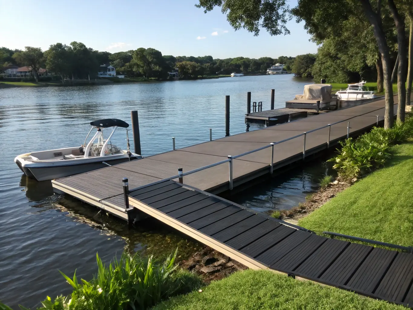 A waterfront scene with a newly constructed dock, highlighting the durability and stability of the structure.