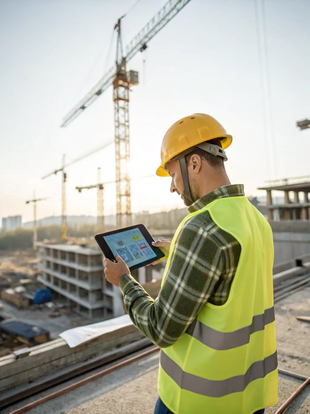 A professional construction worker inspecting a building blueprint on a construction site, symbolizing expertise and attention to detail.