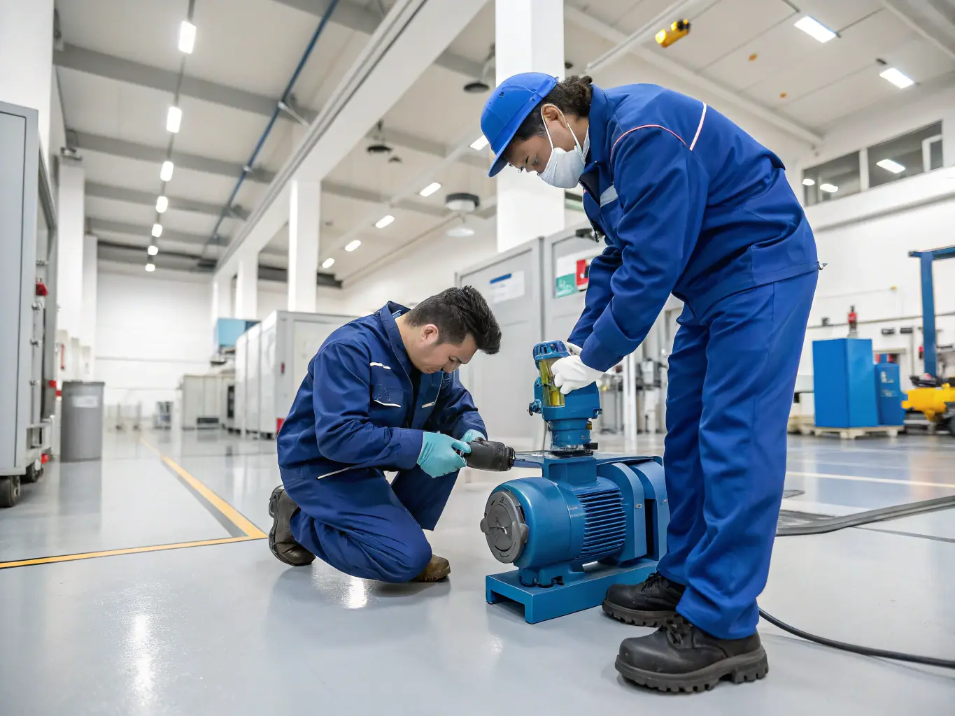 A close-up of a high-efficiency water pump being installed, highlighting the supply and installation of construction equipment.