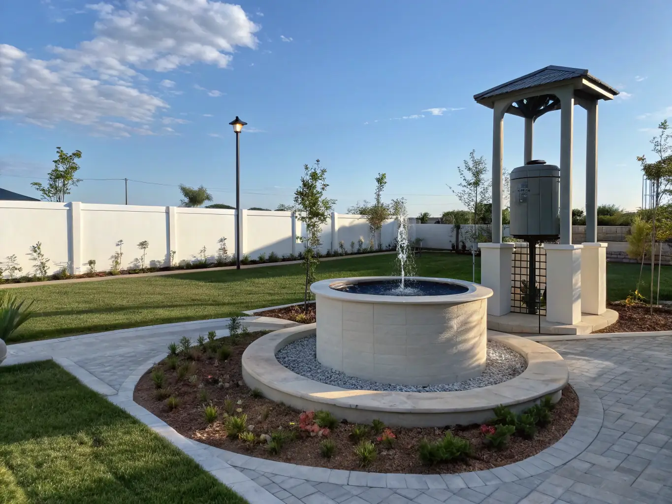 A newly constructed water well with a modern pump system, set against a clear blue sky, representing water well and pool construction.