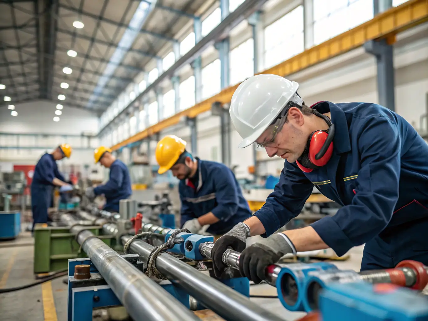 A photograph showing technicians installing water pumps at a construction site with equipment and tools, highlighting HidroBrix's expertise in equipment supply and installation.