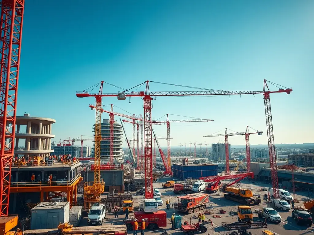A photograph depicting a large-scale construction site with cranes and workers actively building a commercial complex, showcasing HidroBrix's general construction capabilities.
